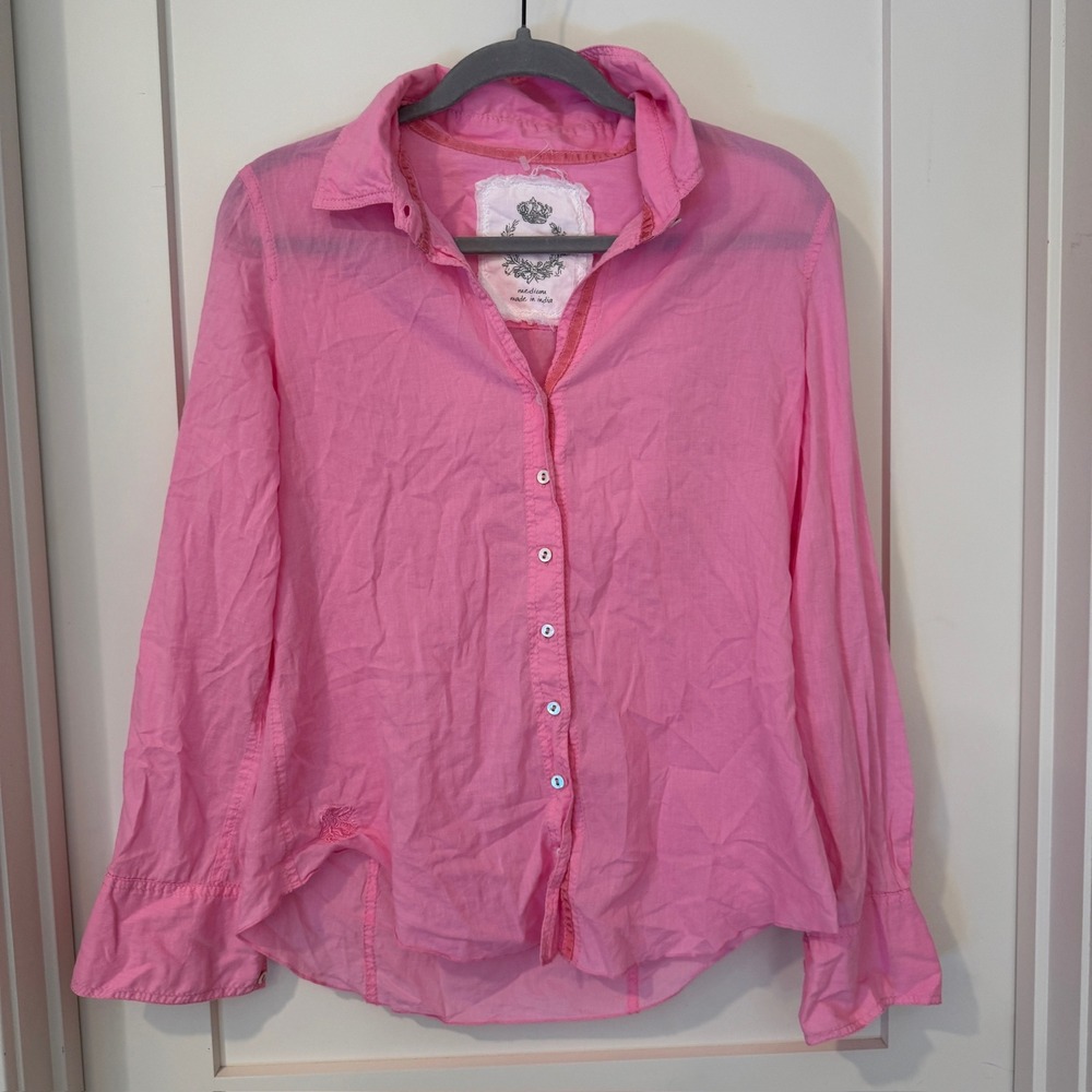 Cino Womens Pink Cotton Gauze Embroidered Button Down Shirt Size Medium